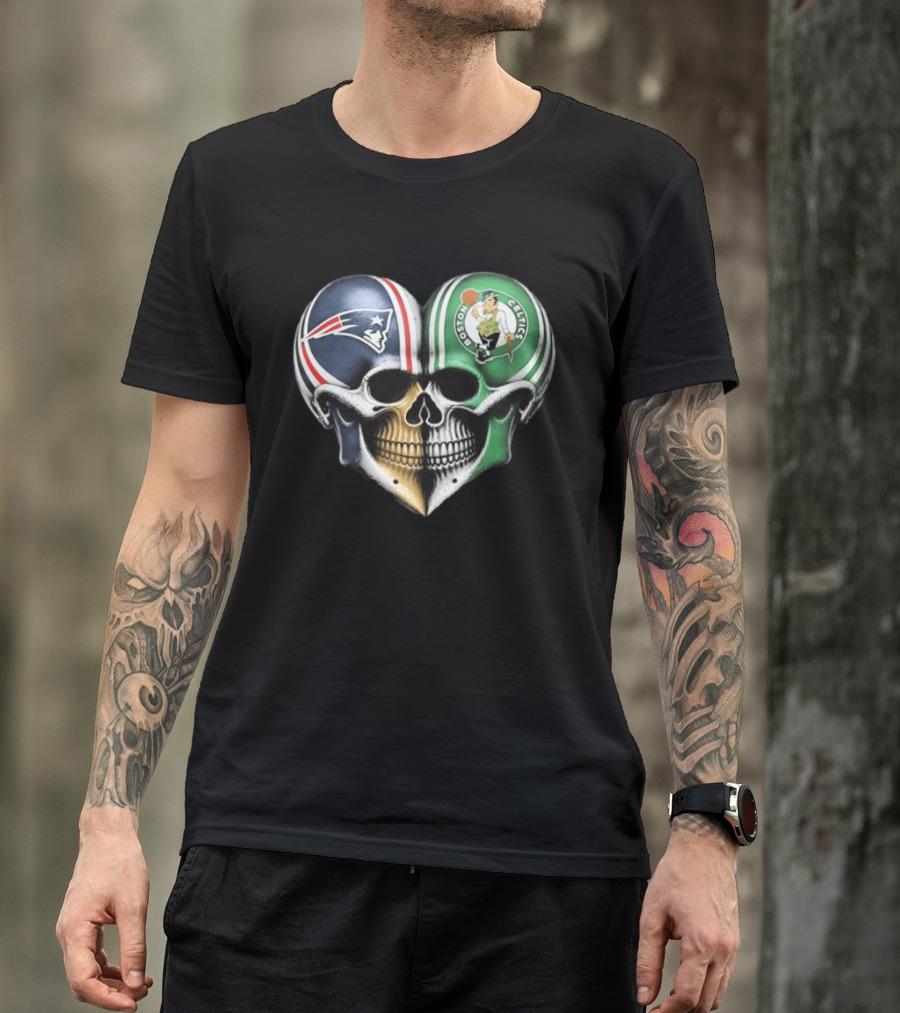 Boston Celtics And New England Patriots Skull Heart T-Shirt