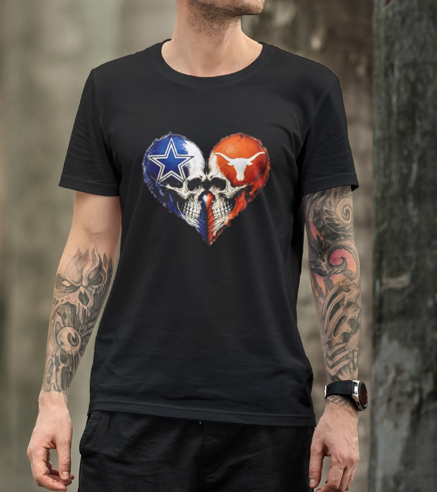 Dallas Cowboys And Texas Longhorns Skulls Heart T-Shirt