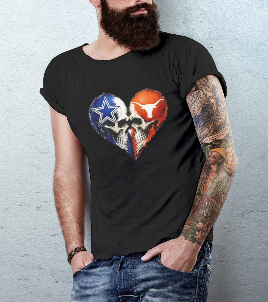 Dallas Cowboys And Texas Longhorns Skulls Heart T-Shirt