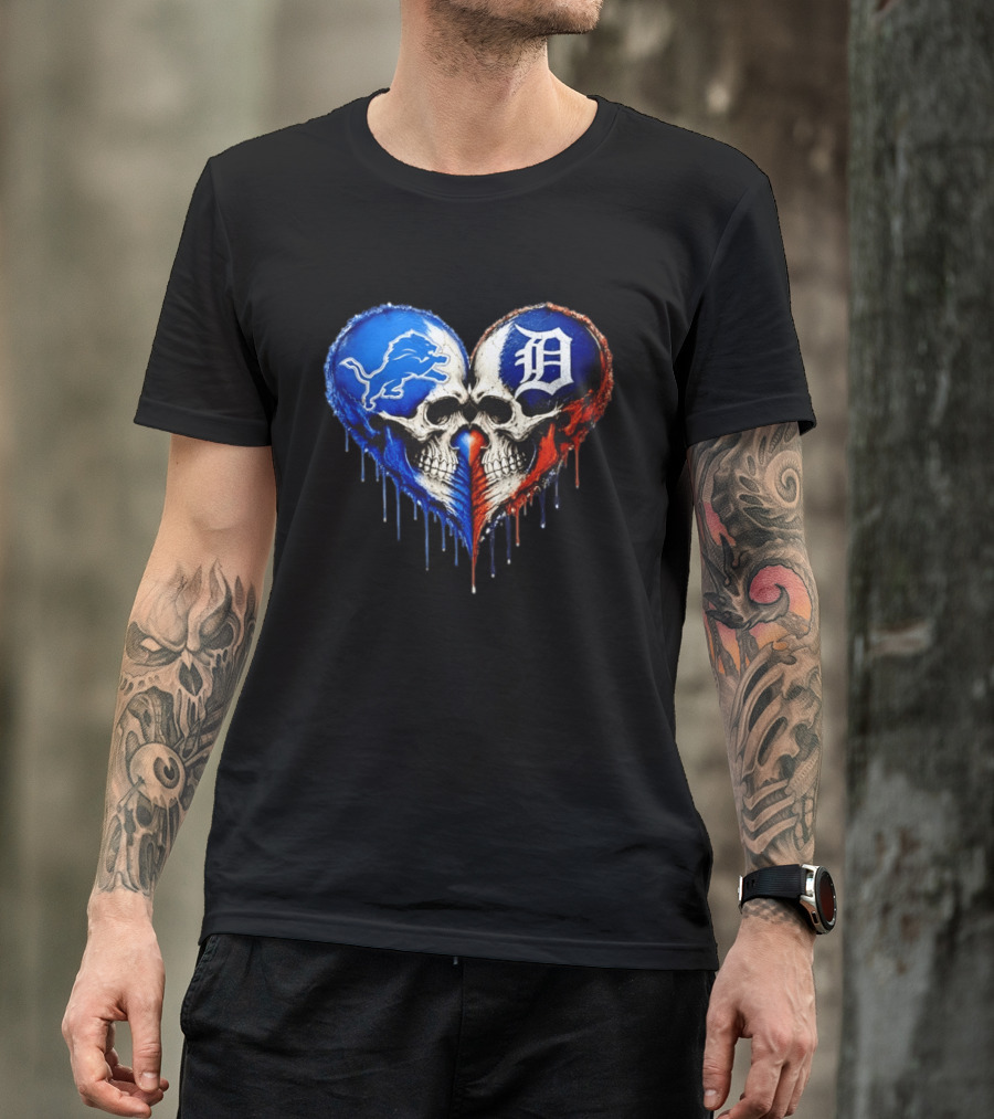 Detroit Lions And Detroit Tigers Skull Heart T-Shirt