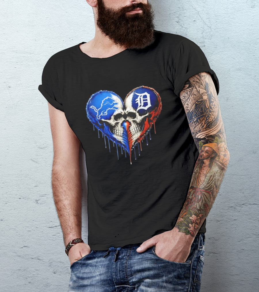Detroit Lions And Detroit Tigers Skull Heart T-Shirt