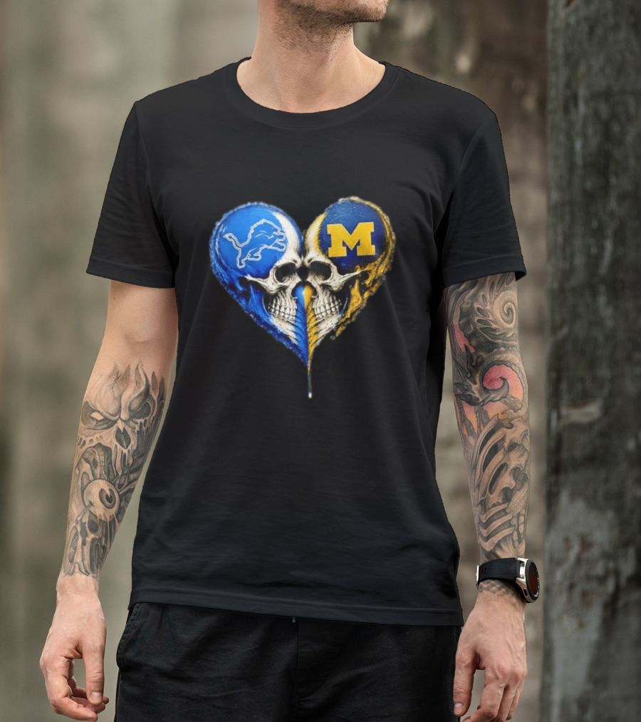 Detroit Lions And Michigan Wolverines Heart Skulls T-Shirt