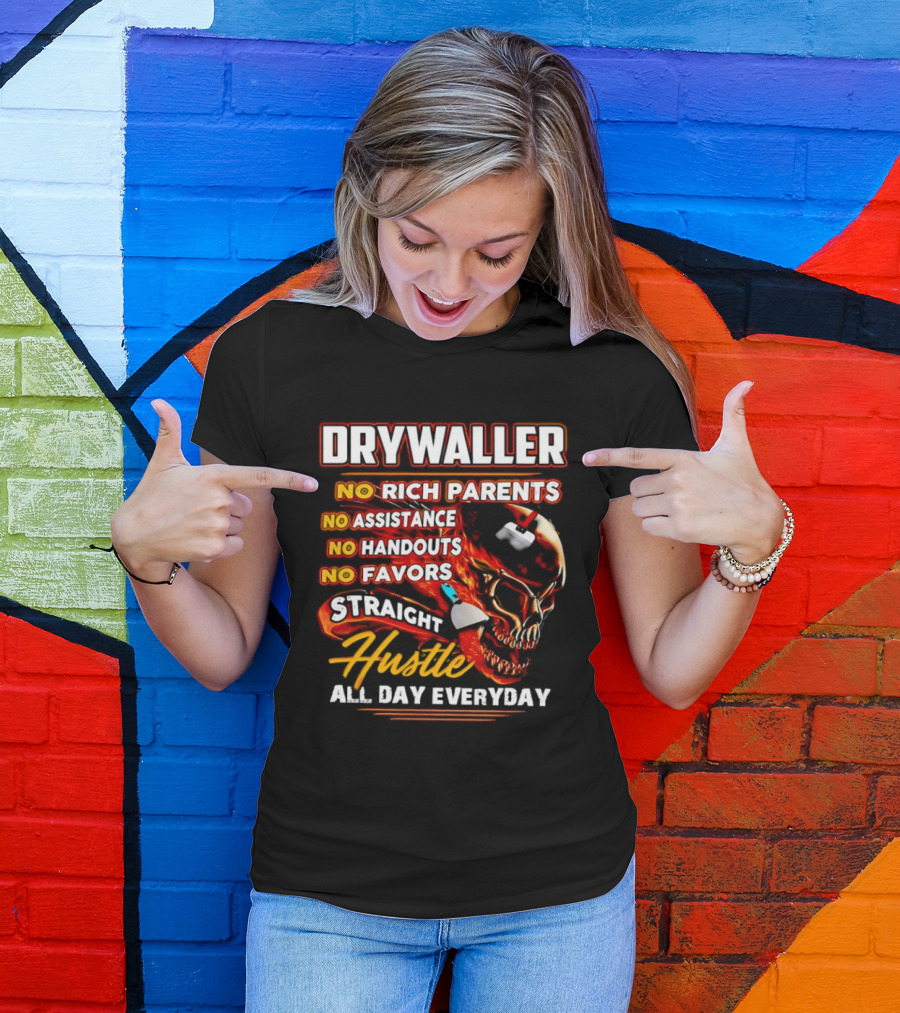Drywaller Skull Holding Trowel Straight Hustle T-Shirt