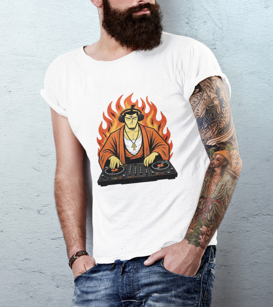 Samurai Jack DJing With Headphones Fire Music Mixer T-Shirt