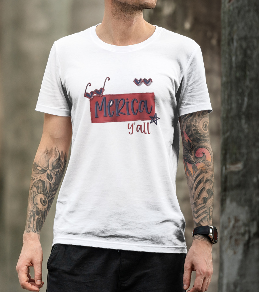 Merica Y'all Patriotic Heart Sunglasses Red Blue Star Fourth Of July T-Shirt