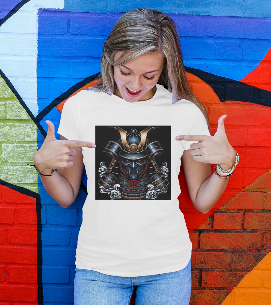Samurai Warrior Mask Helmet With Traditional Armor And Red Accents T-Shirt