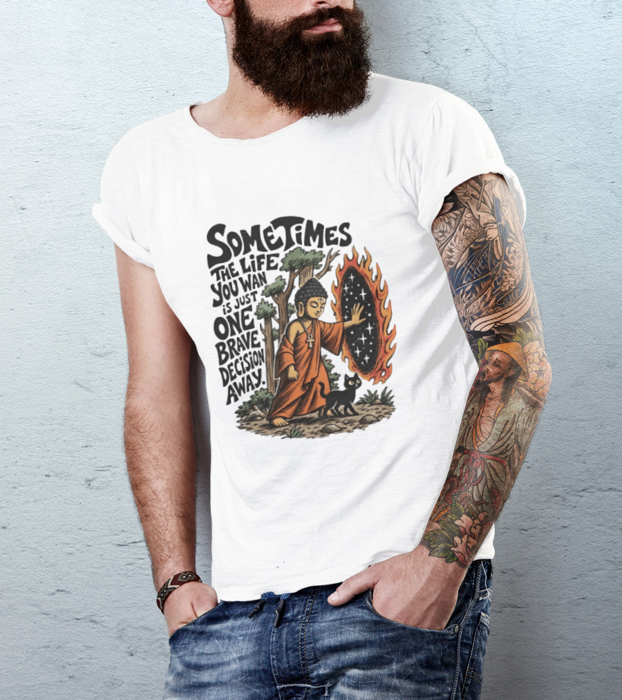 Sometimes The Life You Want Is Just One Brave Decision Away Buddha Cat Portal Forest T-Shirt