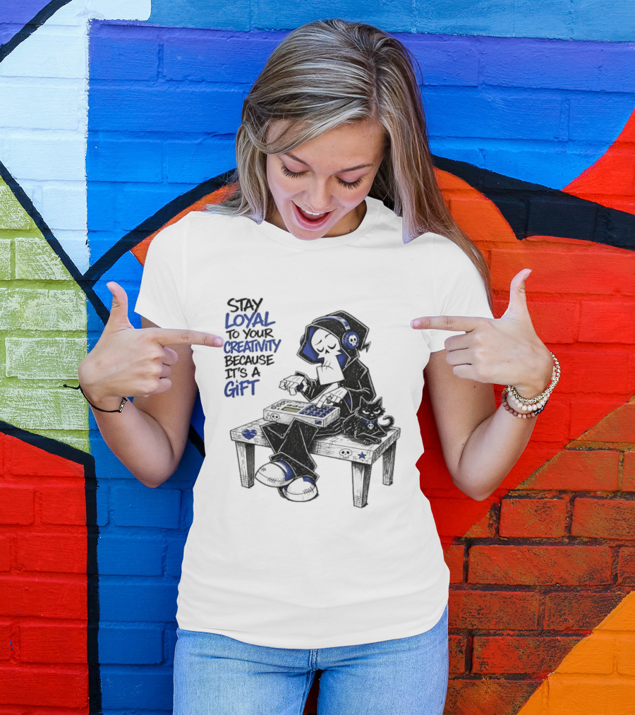 Stay Loyal To Your Creativity Grim Reaper Music Producer With Cat T-Shirt