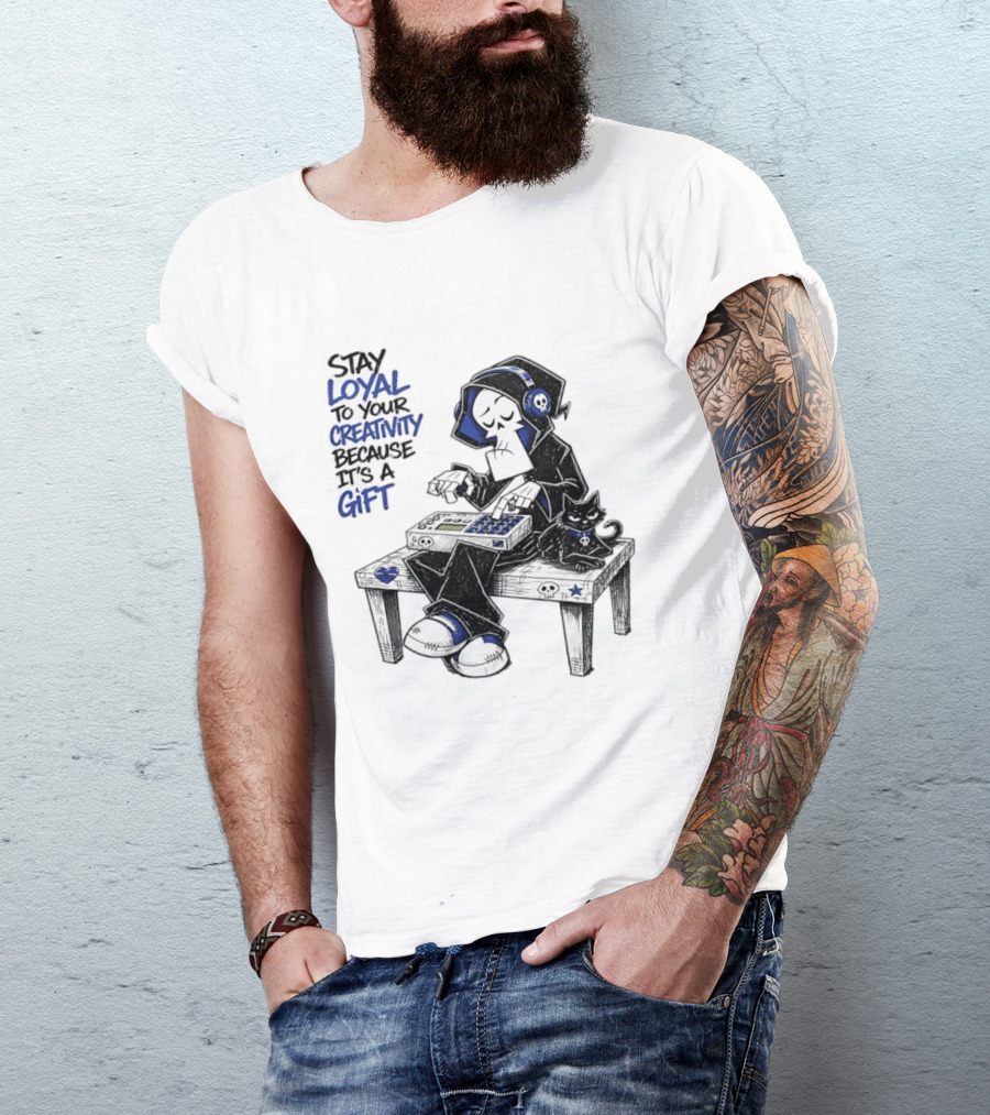Stay Loyal To Your Creativity Grim Reaper Music Producer With Cat T-Shirt