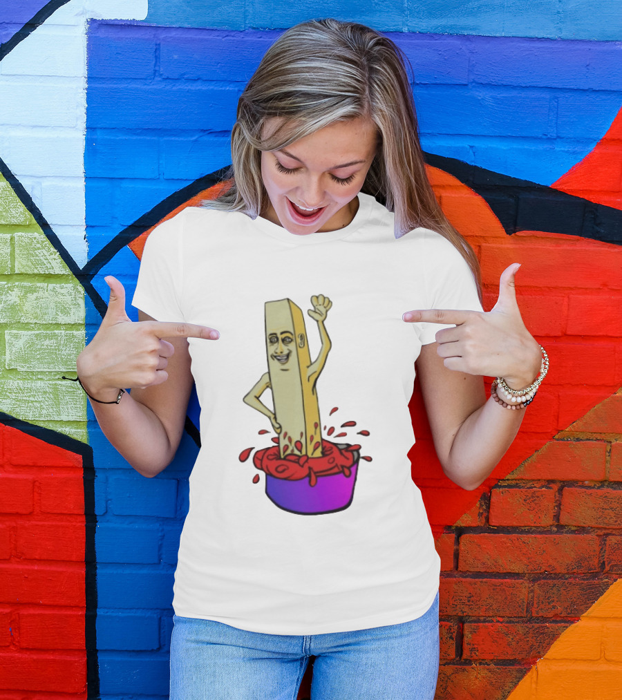 French Fry With Face Humorously Dipping In Ketchup Bowl T-Shirt