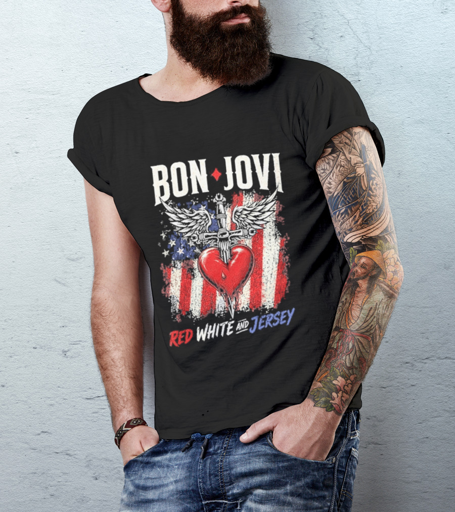 Bon Jovi Red White Jersey Heart And Dagger American Flag T-Shirt