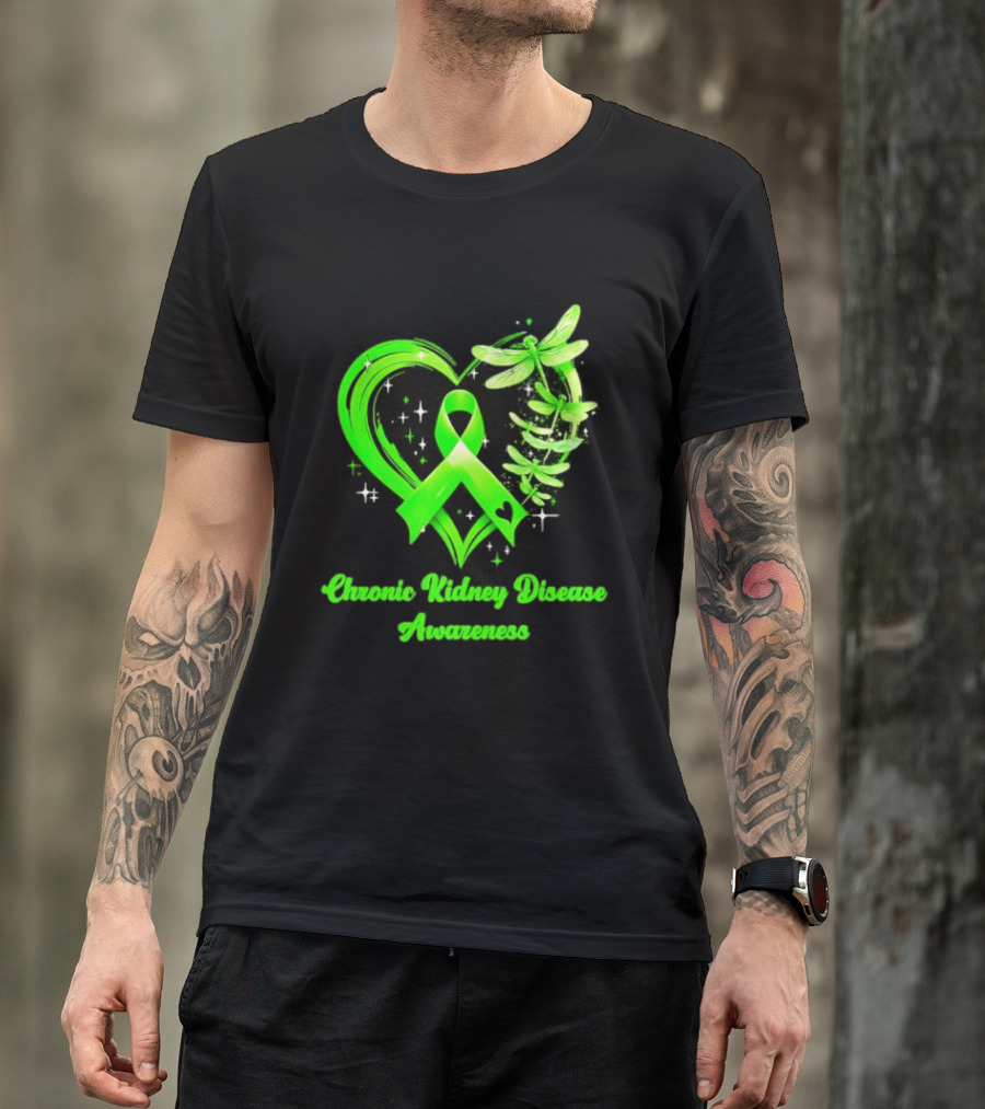 Chronic Kidney Disease Awareness Green Ribbon Heart And Dragonfly T-Shirt