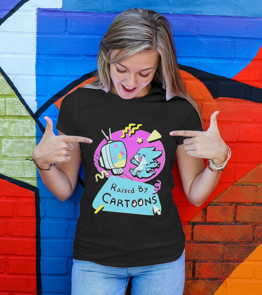 Raised By Cartoons Nostalgia 90s Kid Cartoon Lover Retro TV And Playful Puppy Scene T-Shirt