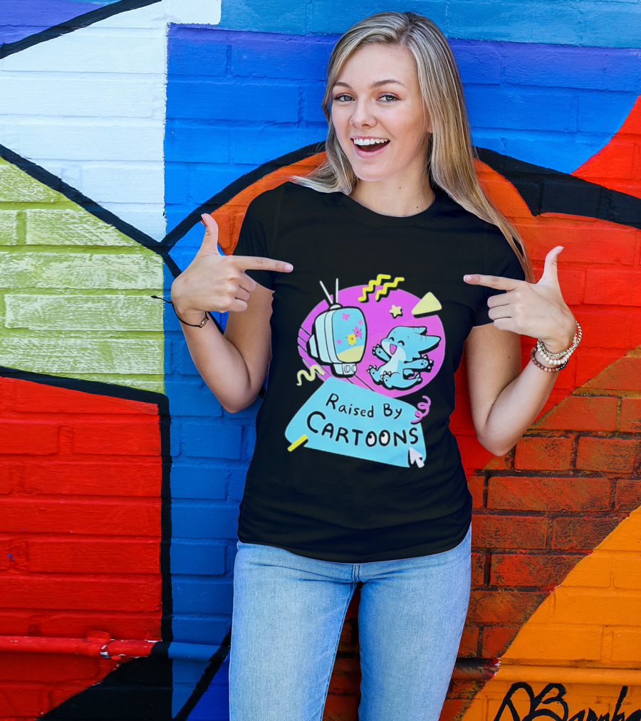 Raised By Cartoons Nostalgia 90s Kid Cartoon Lover Retro TV And Playful Puppy Scene T-Shirt