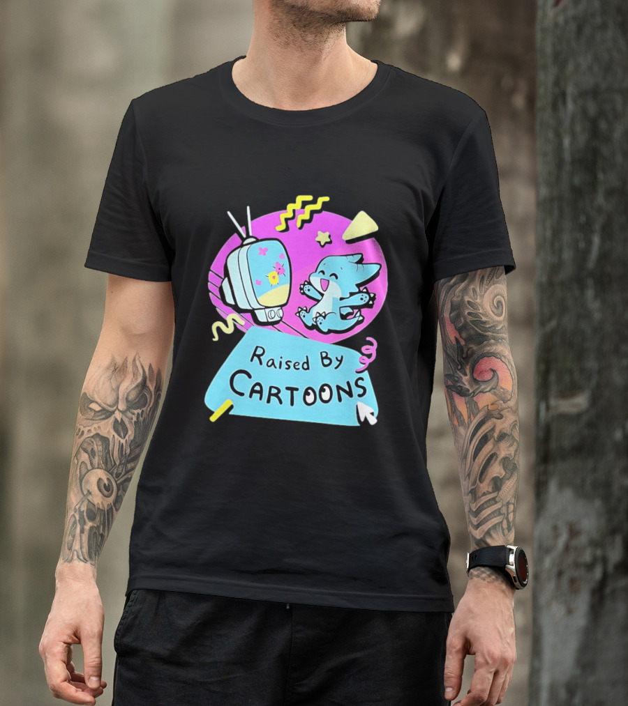 Raised By Cartoons Nostalgia 90s Kid Cartoon Lover Retro TV And Playful Puppy Scene T-Shirt