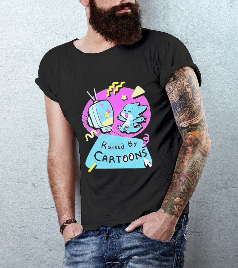Raised By Cartoons Nostalgia 90s Kid Cartoon Lover Retro TV And Playful Puppy Scene T-Shirt