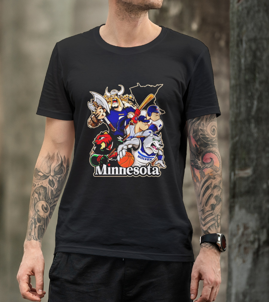 Minnesota Vikings Wild Twins Timberwolves Characters Collage T-Shirt
