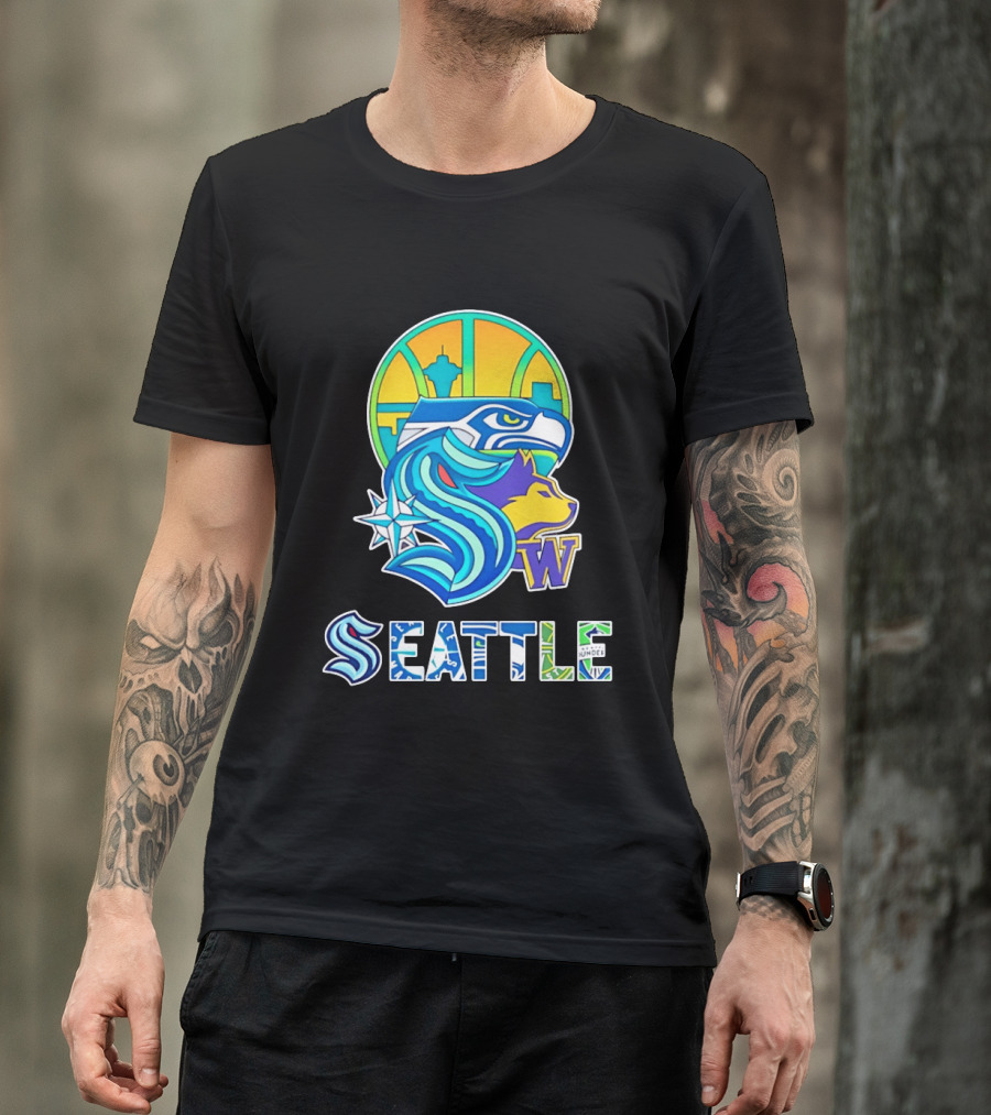 Seattle Seahawks Washington Huskies Skyline Collage With Space Needle And Compass Rose T-Shirt