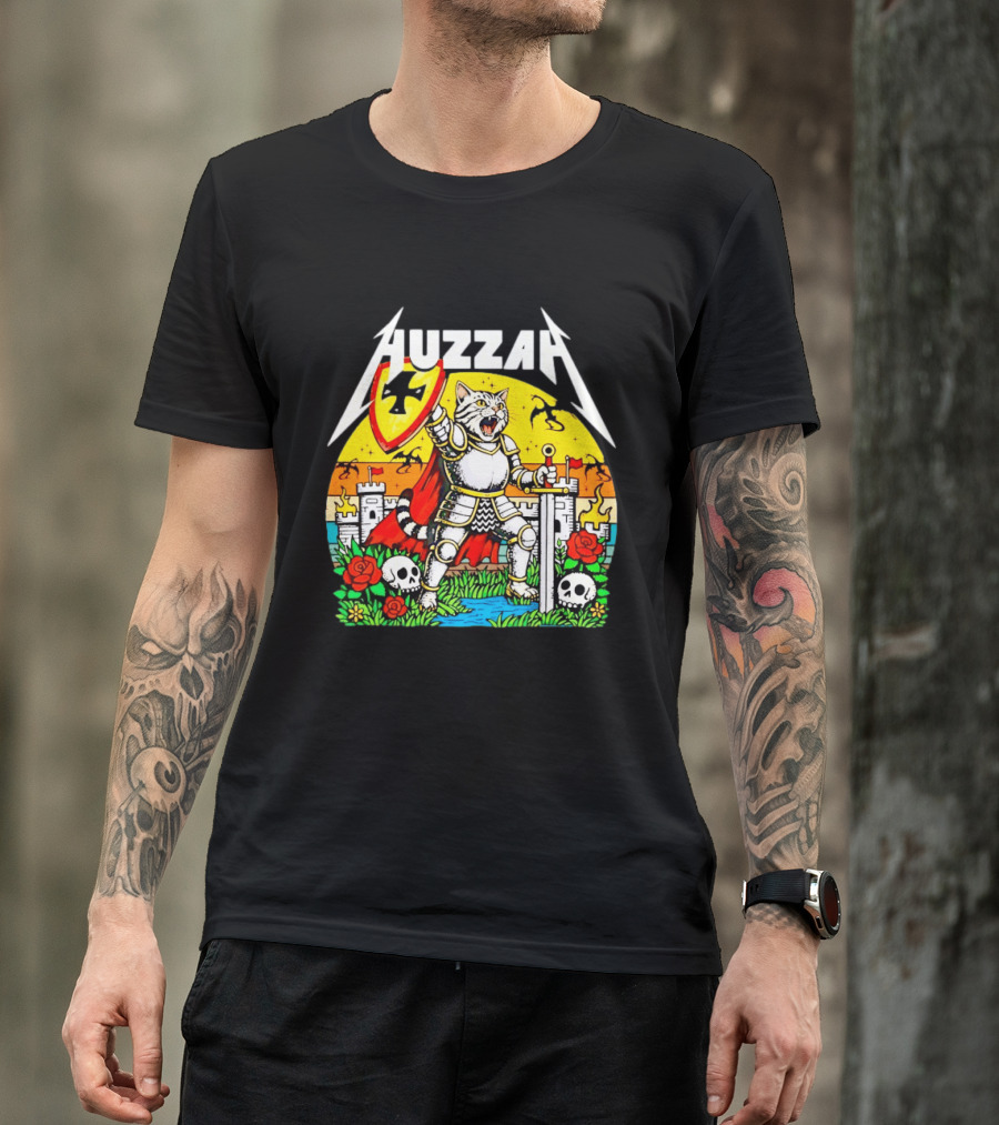 Huzzah Cat Knight Medieval Fantasy With Shield And Sword In Castle Scene T-Shirt