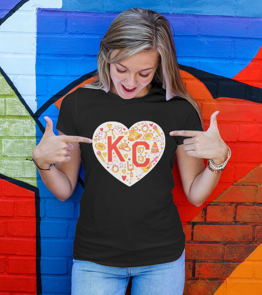 KC 87 13 Heart With Football Rings Music Bells Cake And Guitar T-Shirt