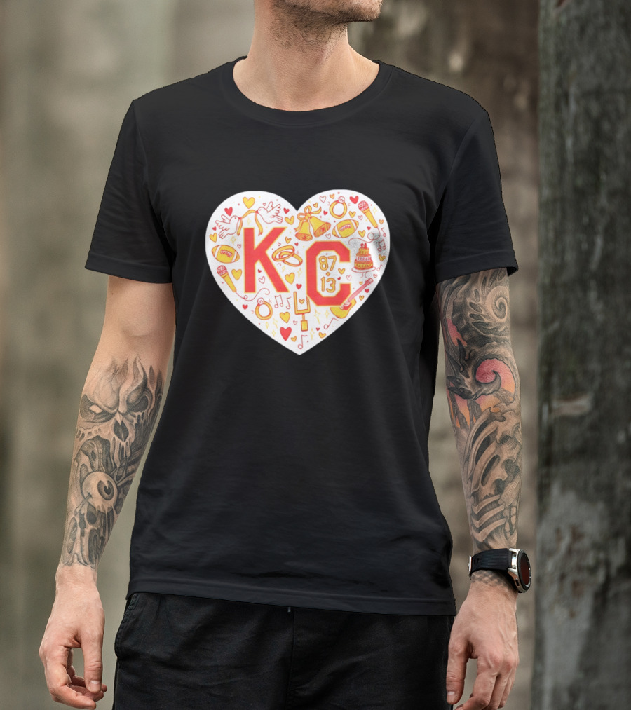 KC 87 13 Heart With Football Rings Music Bells Cake And Guitar T-Shirt
