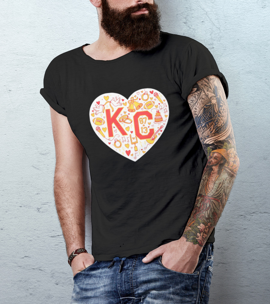 KC 87 13 Heart With Football Rings Music Bells Cake And Guitar T-Shirt