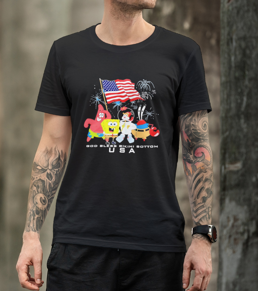 God Bless Bikini Bottom USA Sponge 4th Of July Celebration T-Shirt