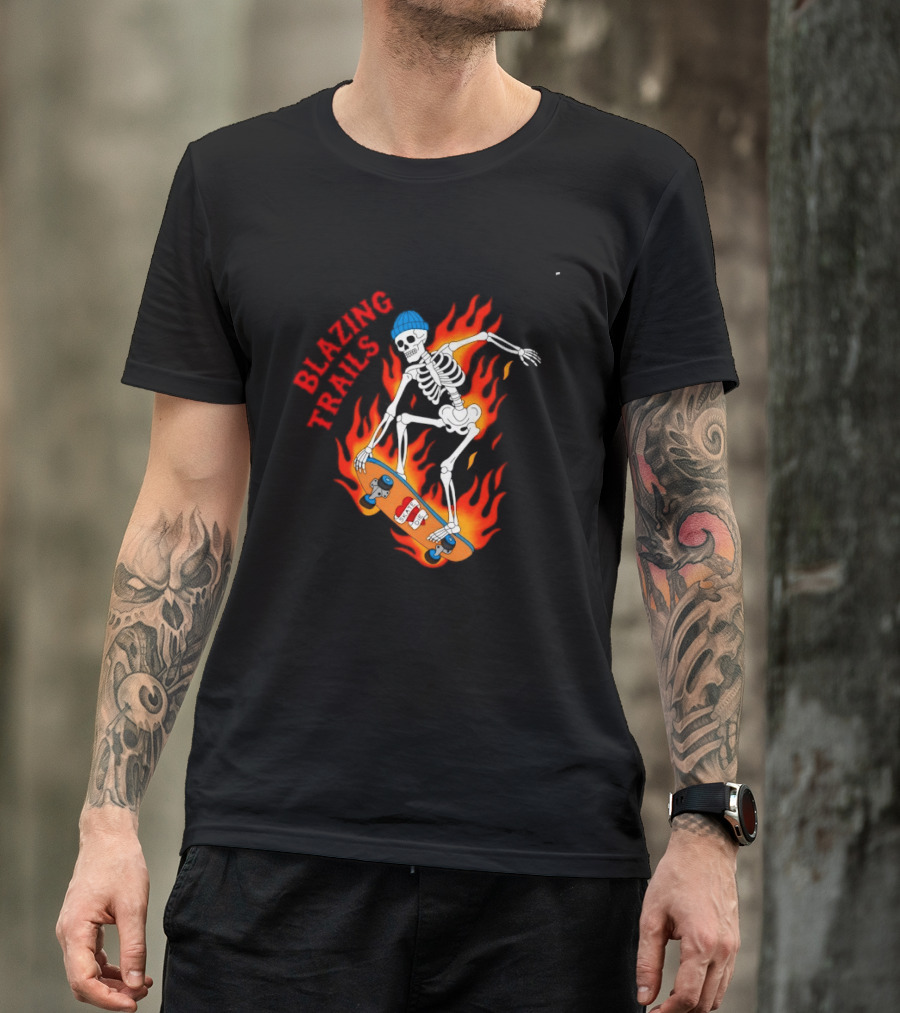 Blazing Trails Skate Or Die Skeleton Flaming Skateboard T-Shirt