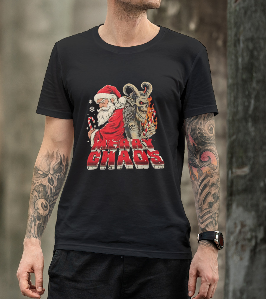 Merry Chaos Santa And Krampus Candy Cane Flames Christmas T-Shirt