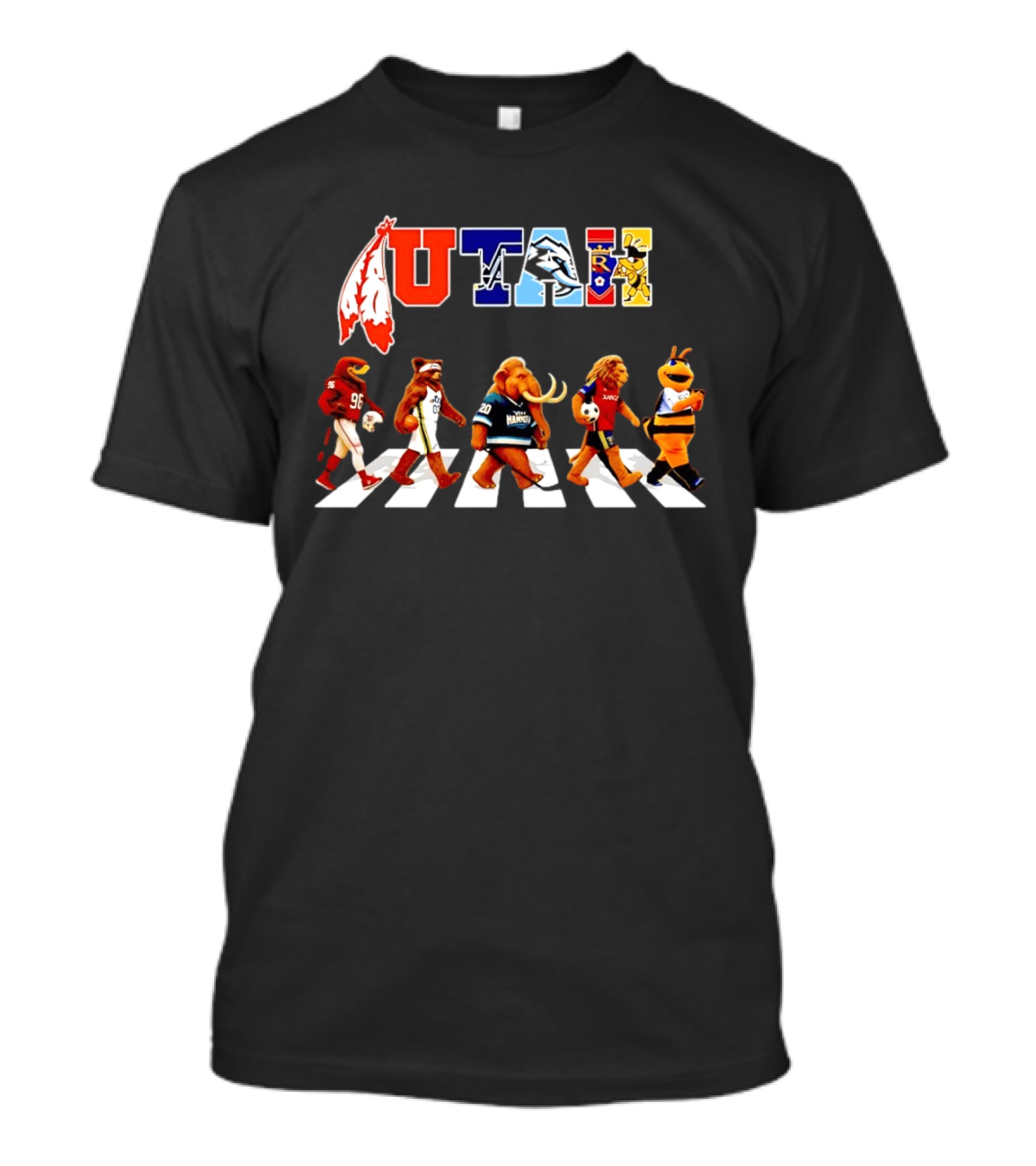 Utah Sports Mascots Walking Across Abbey Road Collage Real Salt Lake Jazz Utes Aggies T-Shirt