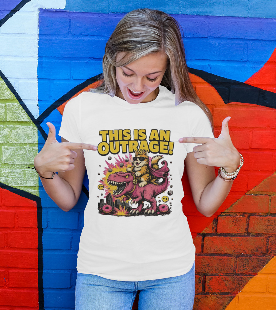 This Is An Outrage Cat King With Sunglasses Riding A Pink Rex With Explosions And Donuts T-Shirt