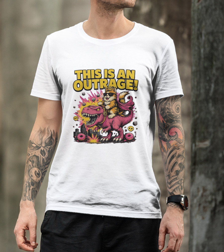 This Is An Outrage Cat King With Sunglasses Riding A Pink Rex With Explosions And Donuts T-Shirt