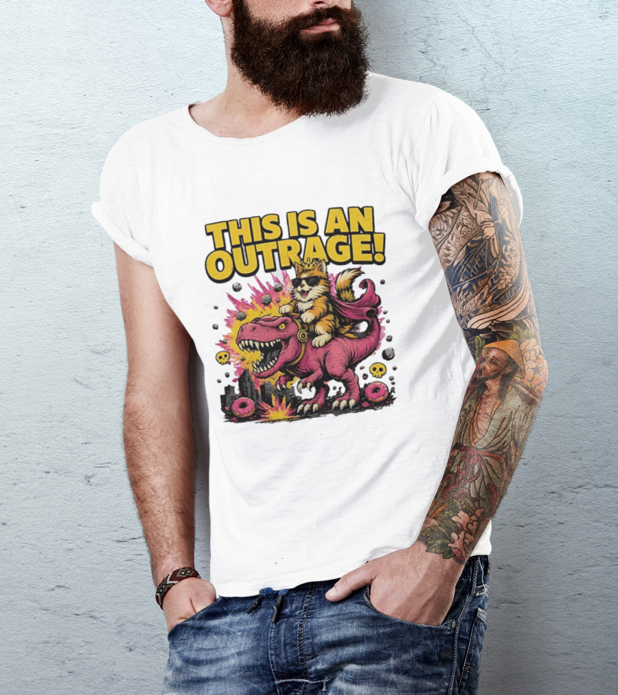 This Is An Outrage Cat King With Sunglasses Riding A Pink Rex With Explosions And Donuts T-Shirt