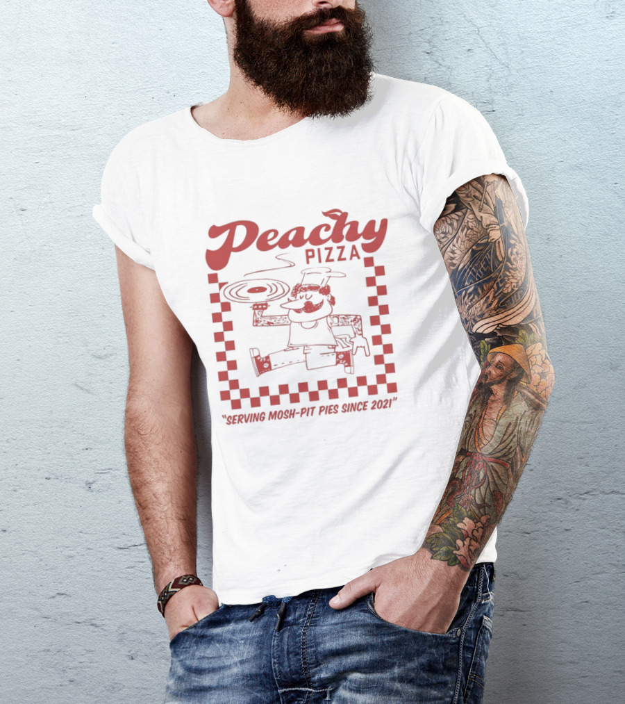 Peachy Pizza Serving Mosh Pit Pies Since 2021 Checkerboard Comic T-Shirt