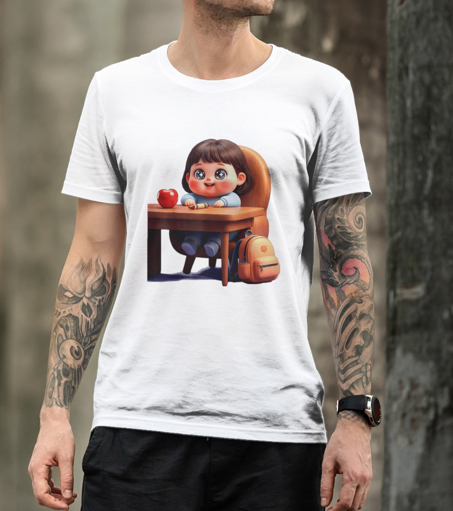 Cartoon Girl With Apple Backpack At Desk T-Shirt