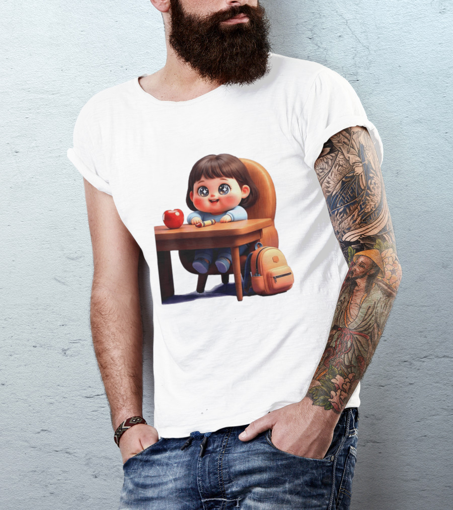 Cartoon Girl With Apple Backpack At Desk T-Shirt