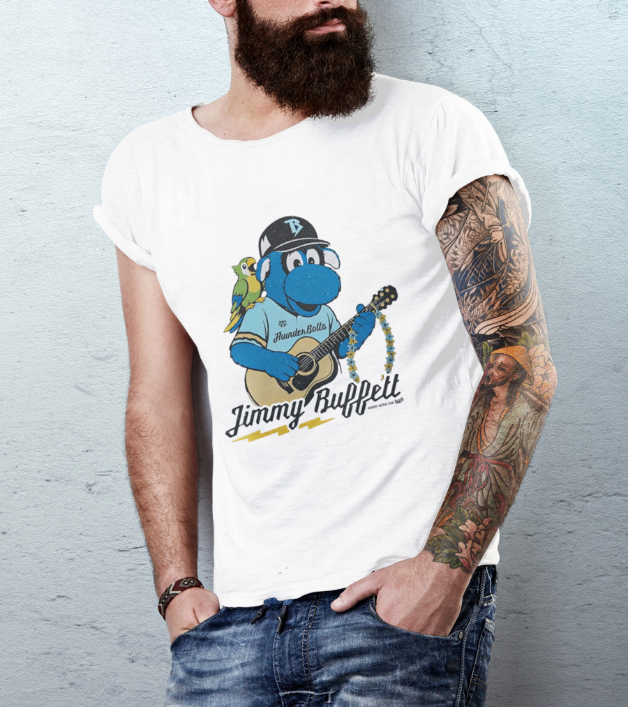 Jimmy Buffett Thunder Bolts Parrot Baseball Mascot Playing Guitar T-Shirt