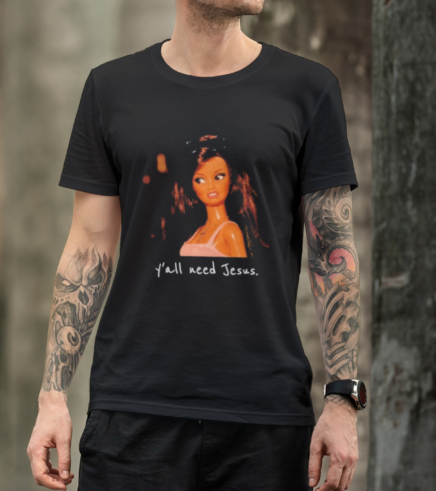 Y'all Need Jesus Doll Funny Meme Brown Hair Orange Dress T-Shirt
