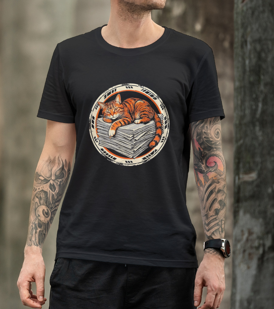 Orange Cat Relaxing On Stack Of Newspapers In Circle T-Shirt