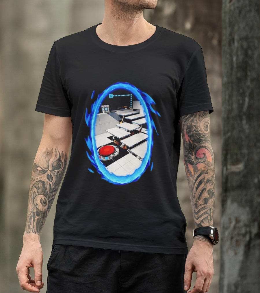 Portal Weighted Companion Cube Aperture Science Test Chamber Blue Portal Steps T-Shirt