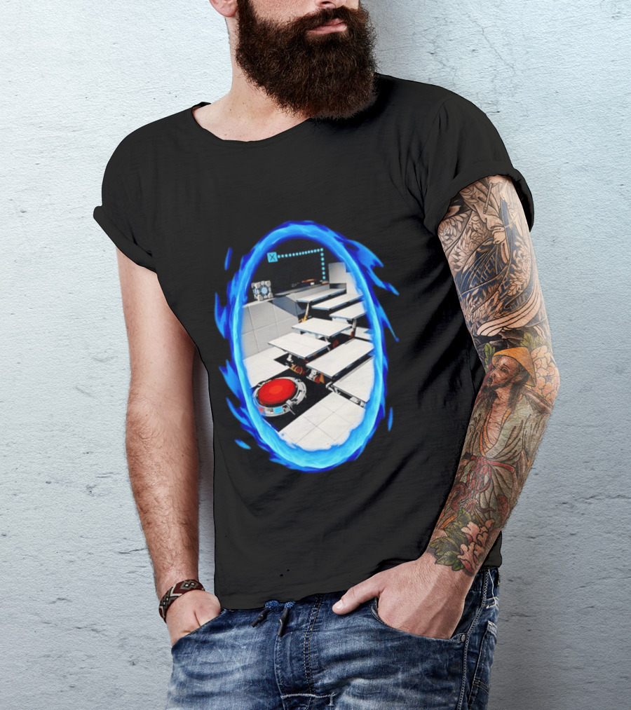 Portal Weighted Companion Cube Aperture Science Test Chamber Blue Portal Steps T-Shirt