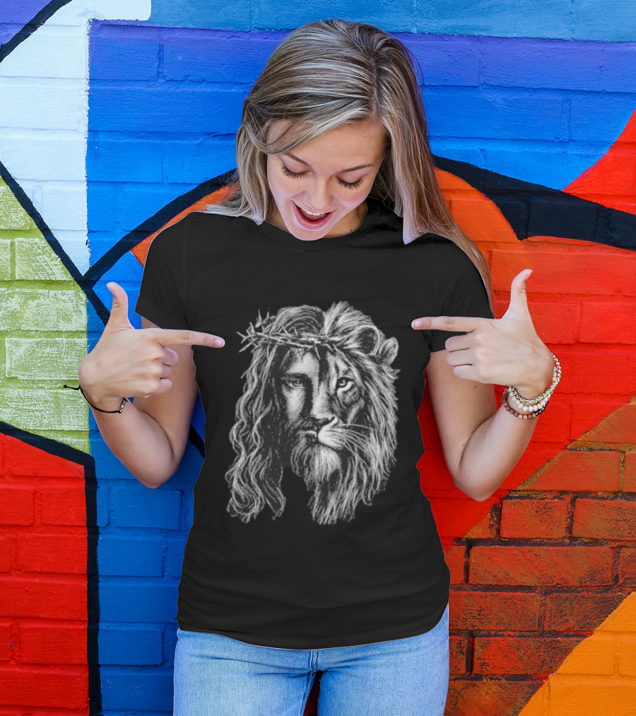 Jesus Christ Lion Crown Of Thorns Christian Symbolism T-Shirt