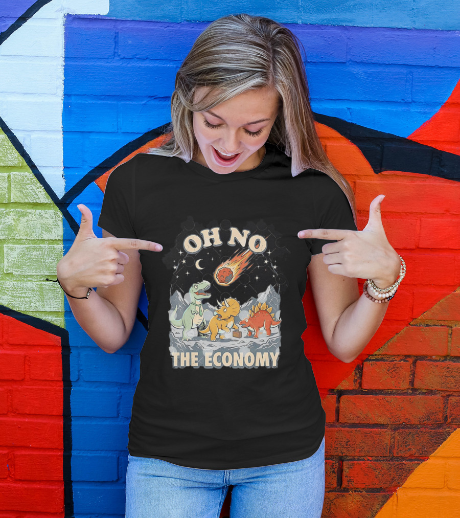 Oh No The Economy Dinosaurs Meteor Cartoon Funny Design Dinosaur Comic T-Shirt