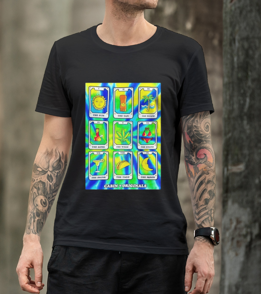 Cabin 7 Originals Tarot Cards Sun Tan Beach Bong Weed Bikini Drink Taco Moon T-Shirt