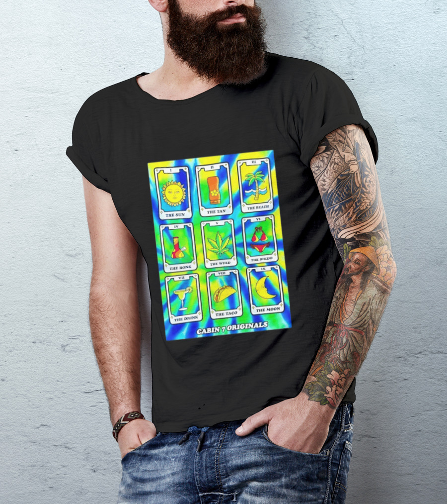 Cabin 7 Originals Tarot Cards Sun Tan Beach Bong Weed Bikini Drink Taco Moon T-Shirt