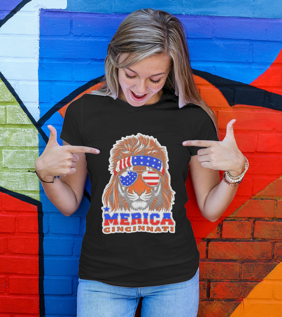 Cincinnati Merica Patriotic Tiger Mullet USA Flag T-Shirt