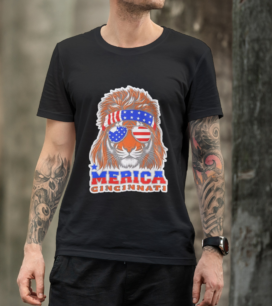 Cincinnati Merica Patriotic Tiger Mullet USA Flag T-Shirt
