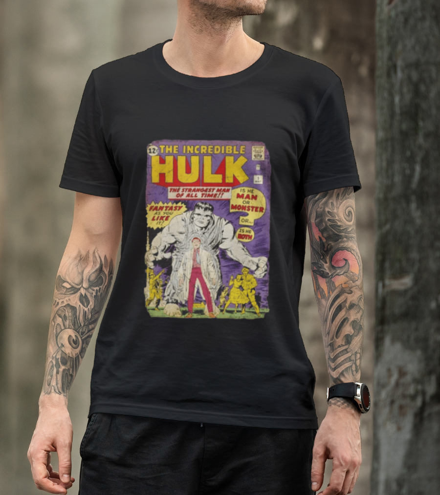 The Incredible Hulk The Strangest Man Of All Time Fantasy Comic Cover Is He Man Or Monster T-Shirt