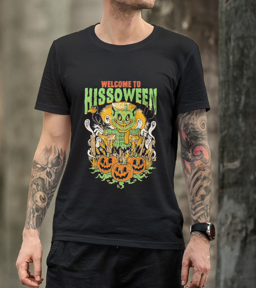 Welcome To Hissoween Night Cat Ghost Scarecrow Pumpkin T-Shirt