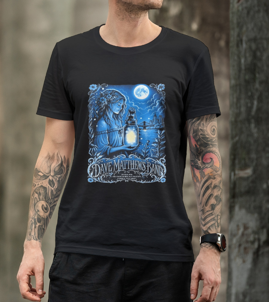 Dave Matthews Band July 10 2026 Freedom Mortgage Pavilion Camden New Jersey Moonlit Lantern And City Skyline T-Shirt